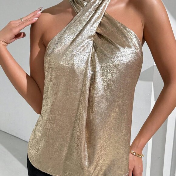 Gold Party Women's Summer Metallic Fabric Crisscross Halter Neck Blouse - Picture 3 of 6